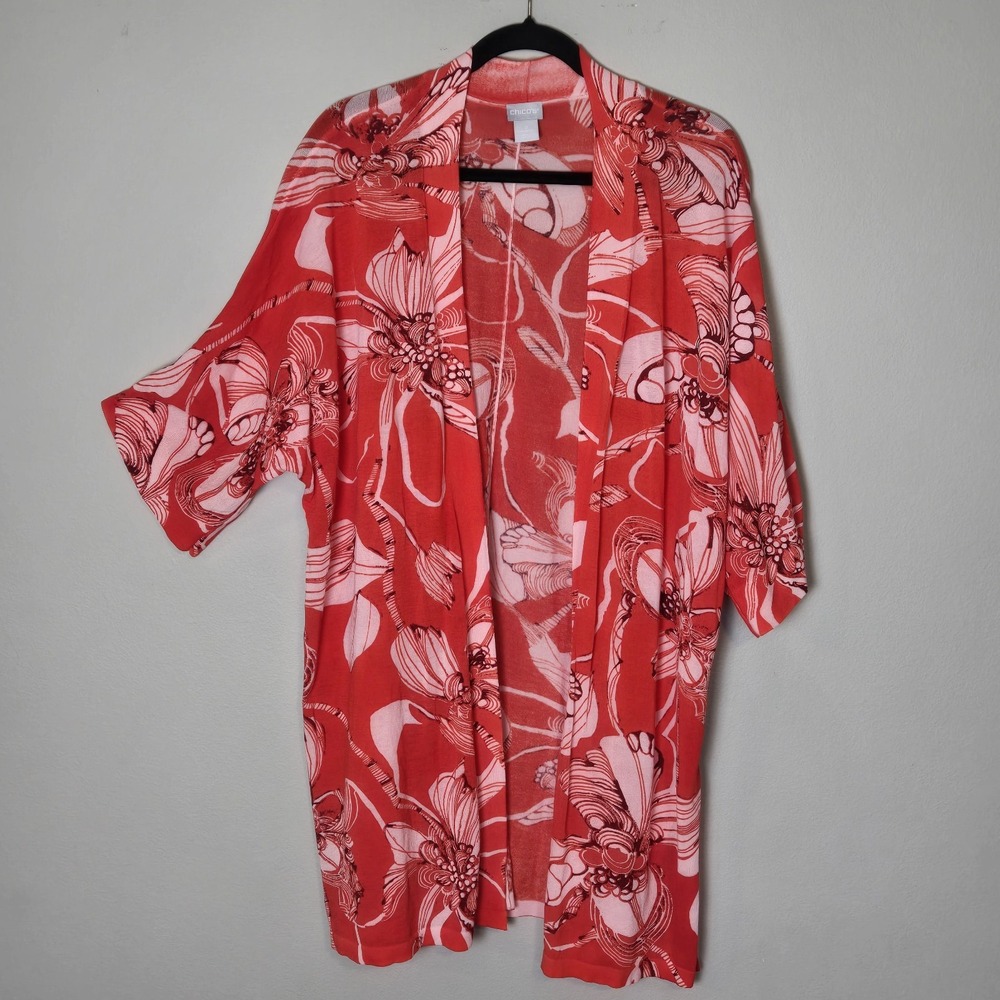 Chico's 3 Cardigan Womens XL Orange Spring Floral Lightweight Open Kimono Beachy